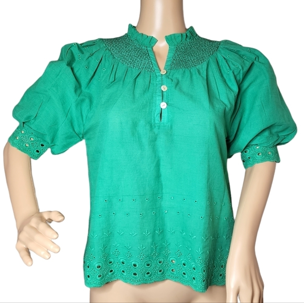 NWOT‎ House of Harlow Kelly green puff sleeve eyelet cotton blouse size xs